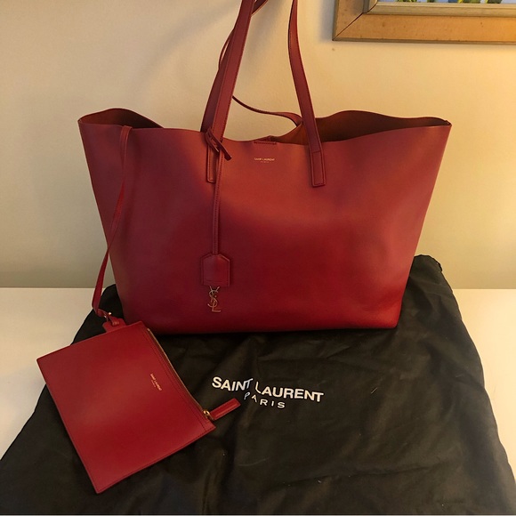 Saint Laurent Bags Saint Laurent East West Shopping Tote Red Leather Large Shoulder Bag